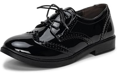 Scarpe Brogue da donna con punta ad ala Oxfords in pelle verniciata con lacci tacco basso décolleté business appartamenti signora vintage brogue, Nero vernice, 41 EU