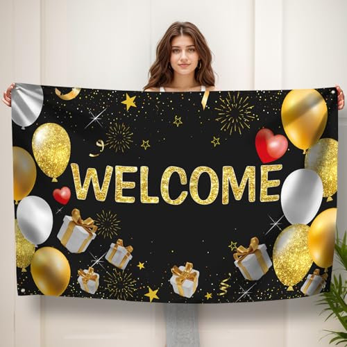 Koliphy Willkommen Banner, Deko für Zuhause & Zurück, Passend für Wiedervereinigung, Familienfeier, Schulbeginn, Party (Schwarz Gold)