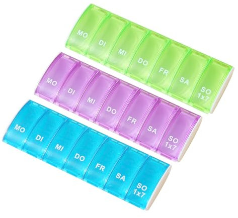 Tablettenbox 7 Tage, Wiederverwendbar Pillendose Klein Pillendose Große Fächer Handlicher und Feuchtigkeitsbeständiger Medikamentendosierer für Morgens Abends 7 Fächer, 3 Stück Aufbewahrungskiste