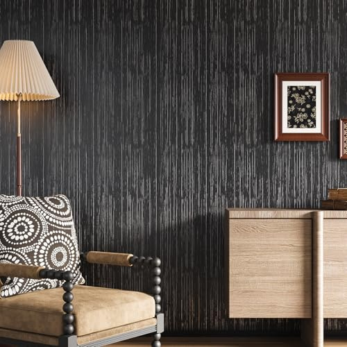 VaryPaper Black Silver Faux Grasscloth Wallpaper 40cmx200cm Textured Fabric Contact Paper Sticky Back Plastic Thick Lining Paper Black Linen Wallpaper for Living Room Bedroom Cupboards Furniture Wrap