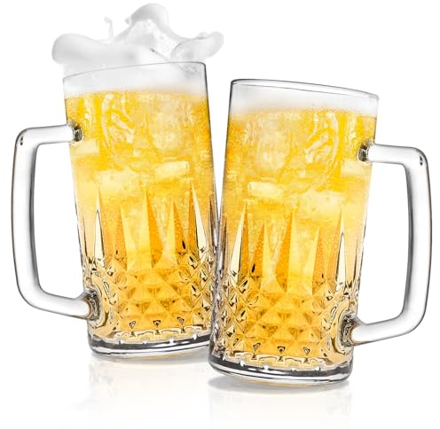 Cambareign Beer Mug Set of 2, 580ml Crystal Beer Glasses with Handle, Large Glass Mugs for Freezer, Gifts for Men, Dad, Father's Day