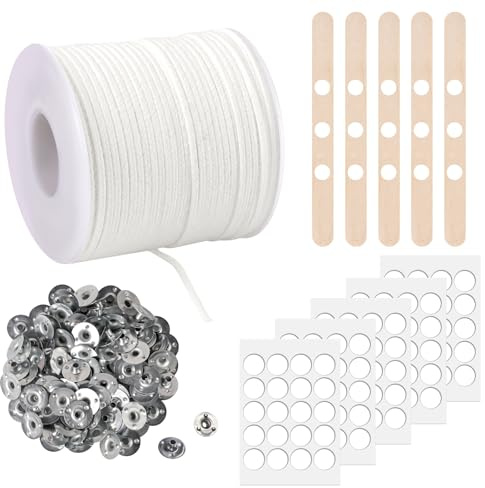 Mecha para velas de 69 m, 19 hebras para velas, juego de mechas de algodón con 100 portamechas para velas, bodas, manualidades y velas de Navidad (blanco)