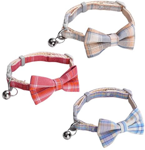 Rienan Katzenhalsband mit Glöckchen und Schleife, 3er Set, Verstellbar, Reflektierend, Polyester, Für Katzen aller Rassen, Größe 22–29 cm, Rot, Blau, Gelb