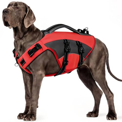 CITÉTOILE Giubbotto di Salvataggio per Cani, Salvagente Cane Regolabile Ripstop, con Maniglia e Strisce Riflettenti, per Gli Sport Acquatici, Dog Life Jecket, Rosso, XXL