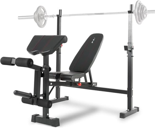 ISE Banc de Musculation Complet, Banc Musculation Pliable Complet avec Support d'Haltères, Bench Musculation Homme Coussin&Dossier Inclinable/Hauteur Réglable, Developper Coucher, Curl Leg Extension