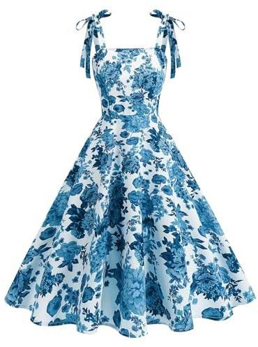 Odizli Abito da cocktail da donna anni '40 e '50, vintage, elegante, estivo, con spalline sottili e stampa floreale, Blu, L