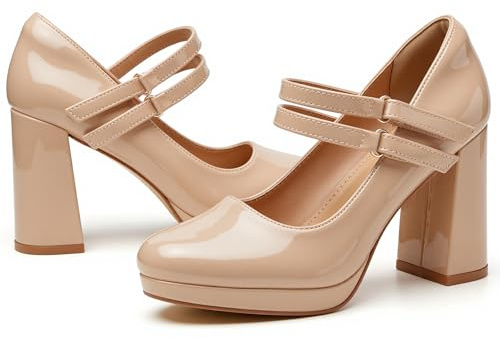 Trary Nude Heels for Women, Mary Jane Shoes Platform Chunky Block High Heels with Buckle Strap Comfortable Dress Pumps for Office Party Casual Round Toe Pumps Shoes, Size 8.5