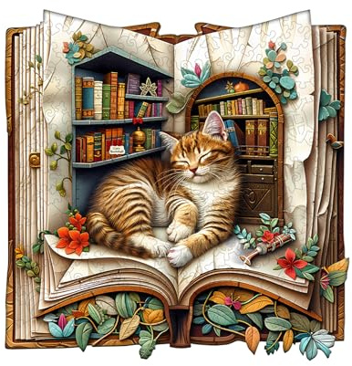 KaayeeWood Rompecabezas de Madera para Adultos,270 Piezas Gato en el Libro Irregulares Puzzle de Madera,Puzzles para Adultos con Caja de Regalo, Decoración del Hogar