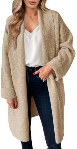 Cicy Bell Women's Long Cardigan Chunky Open Front Sweaters Oversized Knit Coatigan Trendy Slouchy Knit Jackets,Khaki,M