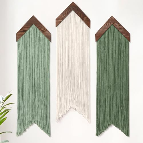 UXORSN Tapiz de macramé para colgar en la pared, diseño de flecha, bohemio, elegante, para decoración de pared, beige, verde, hecho a mano, cuerda de algodón, estético, bohemio, arte de pared para