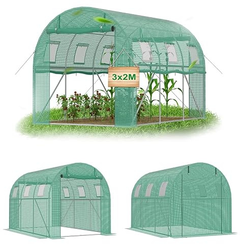 VA-Cerulean Invernadero con lámina de 300 x 200 x 200 cm, túnel para tomates con marco de acero galvanizado, resistente al invierno, estable, para jardín y cultivo, color verde