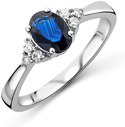 MIORE - Anillo solitario de oro blanco para mujer con zafiro ovalado natural y diamantes naturales, oro auténtico de 9 quilates 375, anillo de compromiso con gemas naturales, solitario hipoalergénico