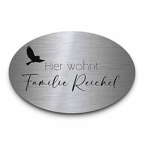 Edelstahl Schild mit Gravur | Personalisiertes Türschild selbstklebend o. mit Bohrung | ovale Namensschilder mit Namen & vielen Motiven | wetterfest für Briefkasten Zaun Bank oder Tür