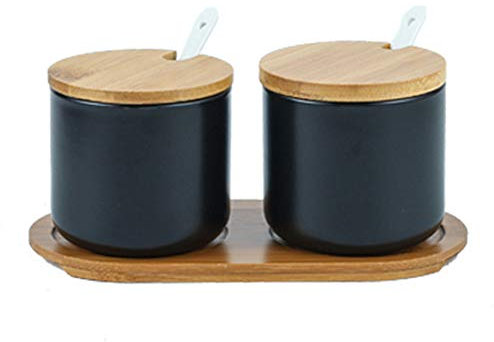 OnePine Lot de 2 Céramique Sucrier Rond Seasoning Containers Pot à épices Sel Spice Jar Condiments boîte avec Cuillère et Plateau en Bambou