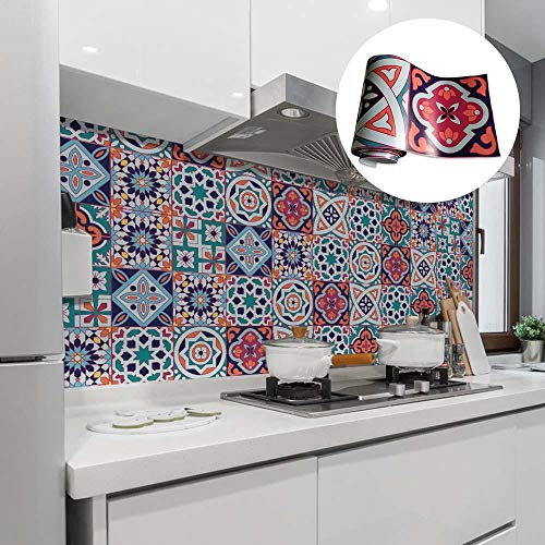 Stick on Tiles Turquoise Purple Pink Tile Stickers PVC Self Adhesive Wall Tiles Heat Resistant Tile Stickers for Kitchen Bathroom Waterproof Peel and Stick Floor Tiles Tile Paint 20x500cm