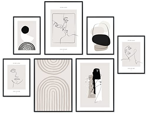 Hyggelig Premium Home Poster Set - 7 hochwertige Kunst Bilder in schwarz weiß grau Wandposter aesthetic Boho Scandi Style - Set Studio Lines ohne Rahmen