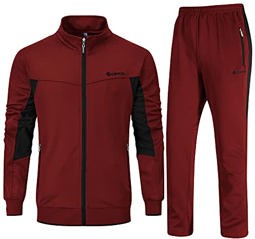 Rdruko Mens Long Sleeve Tracksuits, Black and Wine Red XL