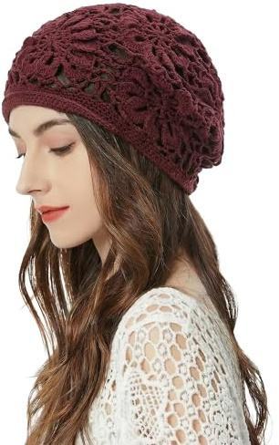 ZLYC Damer sommar stickade mössor handgjord virkad mössa slouch beanie mössa, Stickad vinröd, En Storlek