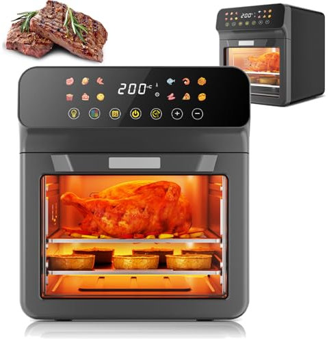 Combo de horno tostador y freidora de aire de 12 L, horno de convección multifunción con ventana visible, mini horno de convección de encimera de aire caliente de 360 ​​°, parrilla eléctrica black