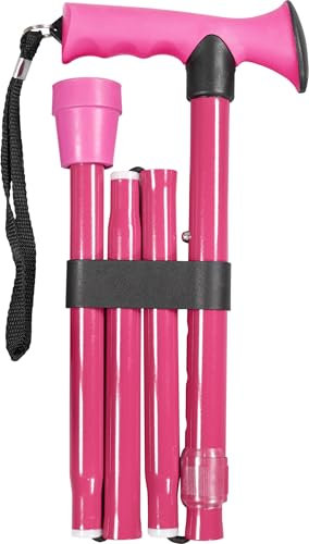 Bastón Plegable Ajustable con Mango ergonómico de Goma, 5 ajustes de Altura, Aluminio Ligero, Correa de muñeca y Punta Antideslizante. Compacto para Viajes, soporta hasta 100 kg, Color Rosa