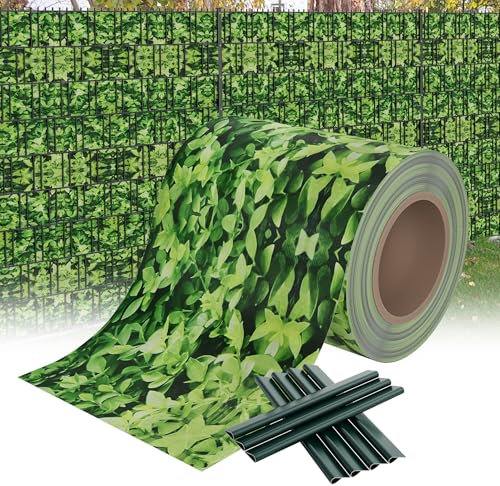 XMTECH Bandes brise-vue en PVC avec clips de fixation - Clôture de jardin - Double fil - 450 g/m² - Opaque - 70 m x 19 cm - Petites feuilles - Vert