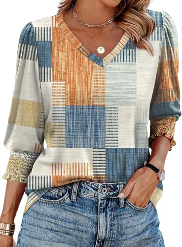 Aokosor Womens 3/4 Sleeve Tops Ladies Blouses V Neck T Shirts Puff Sleeve Tunic Curved Hem Office Wear Size 10-12 Blue Beige Plaid