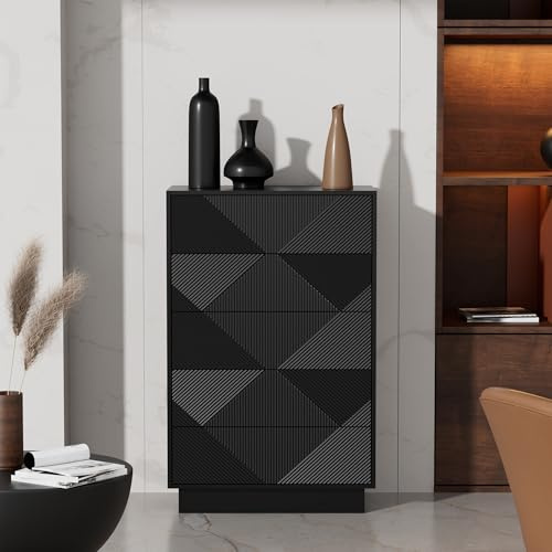UEV byrå med 5 lådor, smalt byråskåp sideboard (svart) | Skänk lådskåp push to open, universalskåp för vardagsrum sovrum hall kontor 60 x 33,5 x 94 cm