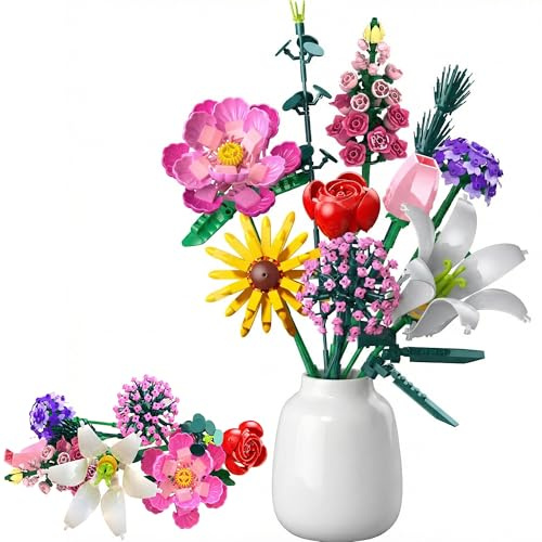 MOGZZi Kit de Construction Fleurs pour Adultes, 721 PCS Plantes Bouquet de Flowers Artificielles Décor, Cadeau pour Enfants Anniversaire, Noël, Saint-Valentin pour Homme ou Femme, Fête des Mères