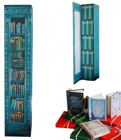 Calendario dell'Avvento letterario 2025-24 mini decorazioni a forma di libro per gli amanti dei libri, decorazioni per il conto alla rovescia di Natale con copertine di romanzi classici (blue)