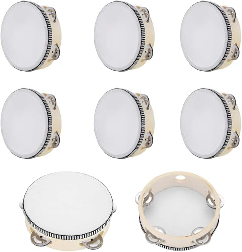 Aboiledy 8 Pcs 6 Musical Tambourines, Hand Held Drum with Bell, Traditional Single Metal Jingle Bell Row, Percussion Wooden Tambourine for KTV Party, Music Games, Educational Activities