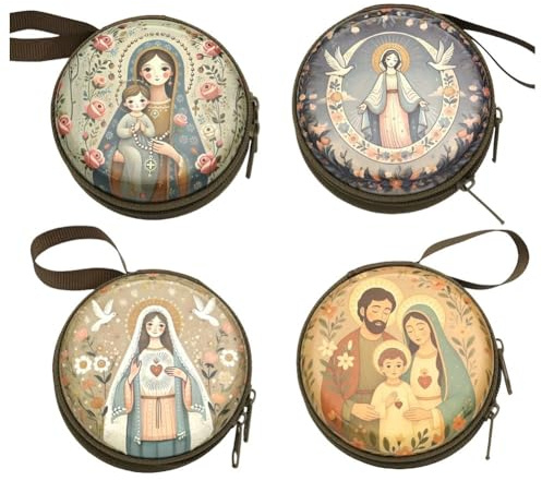 Lpitoy 4 Estuches para Rosarios, Bolsitas para Rosarios Católicos, Bolsas para Guardar Rosarios con Virgen María, Cajas Redondas Pequeñas con Cremallera para Guardar Joyas