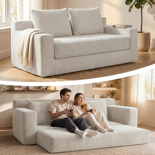 GRAVFORCR Schlafsofa klappbar - Bodensofa mit Pillow Back Armlehnen - Boneless Couch 188cm breit - Compressed Sofa Bed ohne Beine in Box - Cord Stoff für Wohnzimmer Schlafzimmer Beige