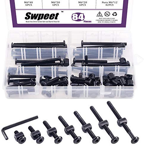 Swpeet Lot de 120 vis noires M6 × 20/30/40/50/60/70/80 mm pour berceau, boulons à tête hexagonale pour lit de bébé et écrous à barillet avec