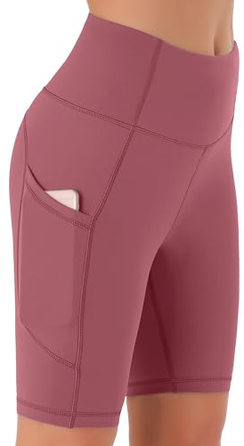 JOYSPELS Womens High Waist Cycling Shorts with Pockets Dull Red M