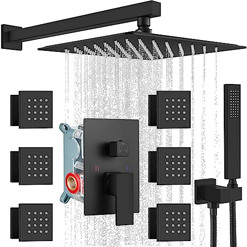 gotonovo Shower Faucet with Full Body Jets Rain Mixer 12 inch Rainfall Shower Head and Handheld Spray Combo Wall Mounted Rough-in Valve and Trim Included with 6pcs Body Message Jets Matte Black