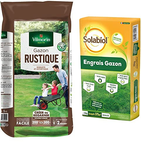 Vilmorin 4460416 Gazon Rustique, Vert, 5 kg & SOLABIOL Engrais Organique - Sac de 15 kg pour 375 m² - Utilisable en Agriculture Biologique