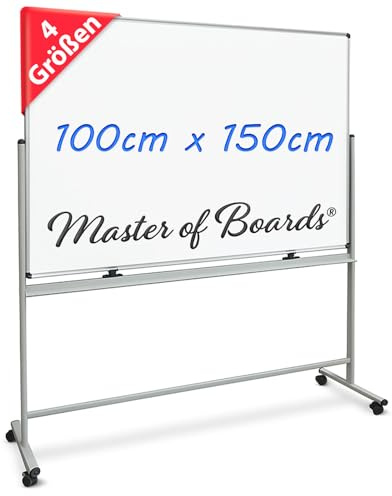 Master of Boards Magnettafel Whiteboard mit Ständer 100 x 150cm mobiles White Board auf Rollen doppelseitige Stativdrehtafel magnetisch, beschreibbar, rollbar, leicht abwischbar mit Stifteablage