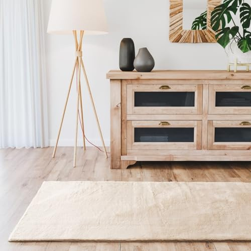 Interiyou Fargo - Teppich Wohnzimmer 80x250 cm Beige - Kurzflor Waschbar und rutschfest - Flauschiger Fellteppich aus Kunstfell - weicher Langflor Fell