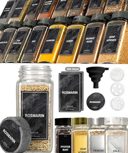 Greeano Juego de tarros de especias [24 x 120 ml] con 300 etiquetas [DE] – Almacenamiento de especias con bandeja para esparcir – Tarros de cristal – Tarros para especias – Tarros para especias –