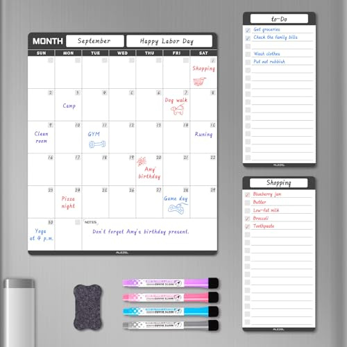 ALEZEL Calendario de borrado en seco para nevera, magnético, juego de pizarra blanca, calendario vertical de borrado en seco con 2 pizarras, 4 marcadores + borrador