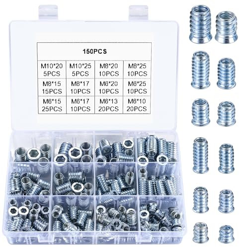 150 Piezas Insertos Roscados para Madera, M6 M8 M10 Remaches de Tuerca Hexagonal, Atornillables e Insertables Roscadas Galvanizado para Muebles de Madera