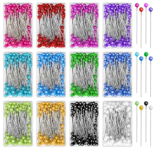 TNSLAND 1200 Stück Stecknadeln mit Kopf, Bunte Stecknadeln Hijab Pins, Stecknadeln mit Kopf Groß, Edelstahl Stecknadeln Nähen (12 Farben, 100 pro Box)