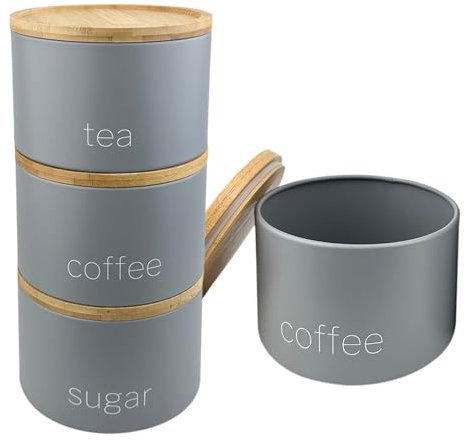SAFRI 3 Pieces Jar with Wooden Lid Tea Coffee Sugar Canister Storage Container Bowl Pots Kitchen Storage Tins (Grey)
