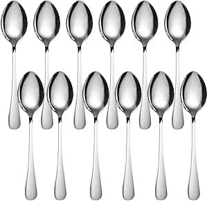 Stainless Steel Dinner Spoons Pack of 12 Mirror Polishing Cutlery Spoons Set Silverware Dessert Spoons Dishwasher Safe Dining Table Spoons for Home Kitchen & Restaurant (Steel Spoons 12pcs)