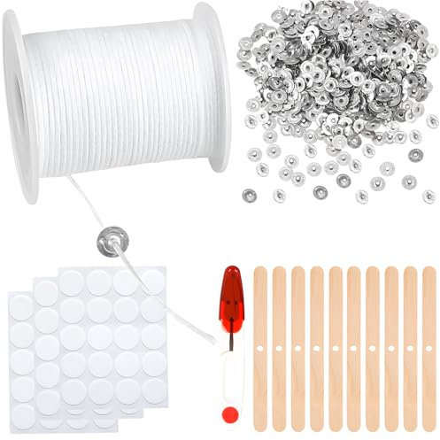 6100cm Kerzendocht Dochte für Kerzen Weiß Candle Wick Kerzendochte Für Kerzen Kerzen Docht Set mit 100 Stück Dochthalter 120 Pcs Docht Aufkleber 5 Pcs Holzfixierer 1 Schere für DIY Kerzenherstellung