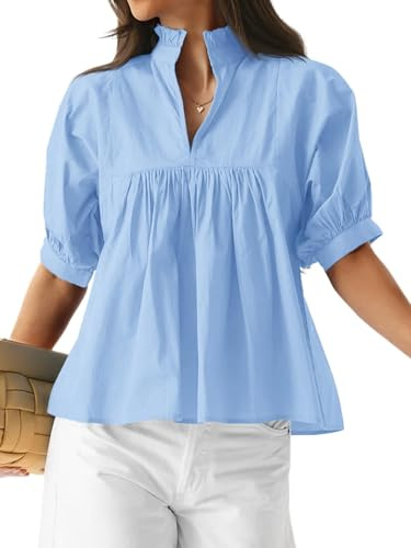 Cicy Bell Camicia da donna a maniche soffio, con scollo a V, mezza manica, elegante, basic, con volant, larga, per primavera, estate, autunno, Celeste., M