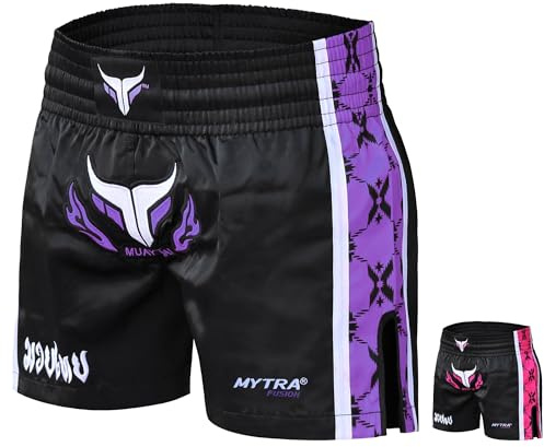Pantaloncini Muay Thai da donna – vestibilità slim, lunghezza corta, pantaloncini da gabbia per donna, MMA, kickboxing, allenamento, lotta e arti marziali (IT, Testo, XS, Regular, Regular, Nero/Viola)