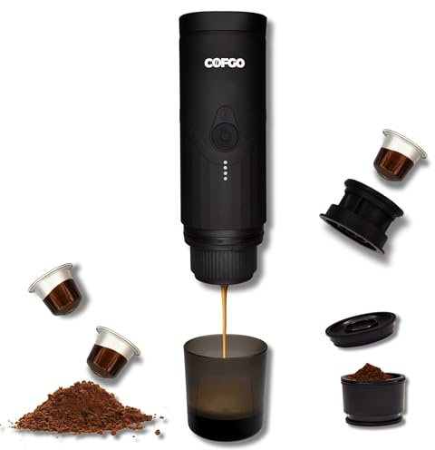 Cofgo Tragbare Espressomaschine mit Akku | Mobile Kaffeemaschine für unterwegs, Camping, Auto & Reise | 2-in-1 für Kapseln & Pulver | USB-C Aufladung | Mit Trage-Reisetasche | Kaffee to go überall