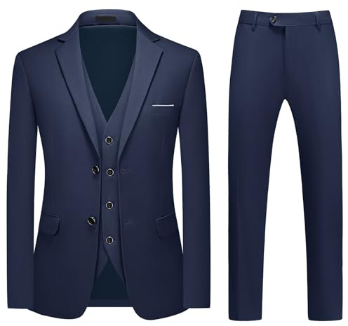 MODFUL Mens Suit 3 Piece Slim Fit Two Buttons Business Formal Tuxedo Blazer Waistcoat Trousers Wedding Set (Blue, XL)