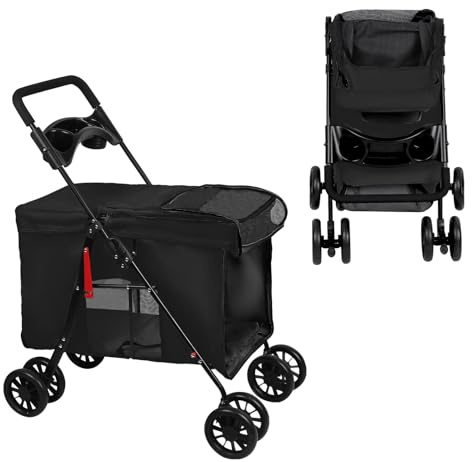 OHMG Poussette pliable animaux chien chat 2 en 1,chariot pour chien,nacelle amovible bandoulières 4 roues avec frein tissu 600D Oxford,Charge 20 kg